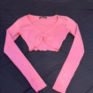Pink Ribbed Long Sleeve Crop Top
